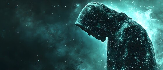 Poster - Ethereal Figure in Hooded Sweatshirt Surrounded by Cosmic Particles and Glowing Stars, Representing Mystery, Technology, and Digital Artistry with an Atmospheric Vibe