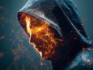 Poster - An Artistic Portrait of a Hooded Figure with a Glowing, Abstract Facial Design Representing Technology, Digital Art, and the Intersection of Humanity and Innovation