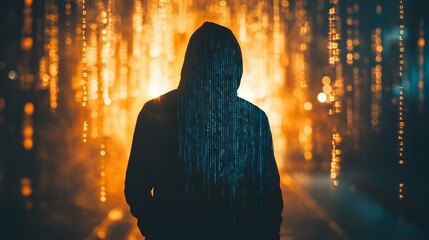 Poster - Mysterious figure in a dark hoodie in a digital landscape of glowing numbers and abstract code representing technology and data manipulation concepts