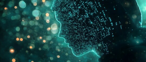 Fototapete - Abstract Digital Representation of a Cybersecurity Concept with a Hooded Figure Surrounded by Streams of Binary Code and Mysterious Light Bokeh Effects