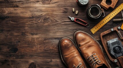 Wall Mural - Rustic leather shoes and crafting tools on a wooden surface