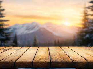 Sticker - Empty wooden table top with a winter landscape background