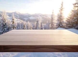 Sticker - Empty wooden table top with a winter landscape background