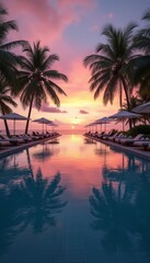 Wall Mural - A breathtaking tropical sunset casts vibrant hues over a tranquil pool, surrounded by swaying palm trees. The reflection of the colorful sky in the water creates a dreamy atmosphere, inviting