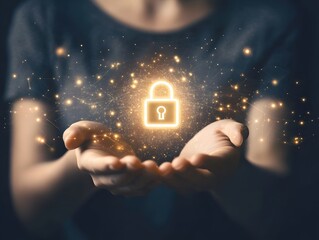 Poster - Hands Holding Glowing Lock Icon Surrounded by Digital Particles, Symbolizing Security, Protection, and Cyber Safety in Modern Technology Environment