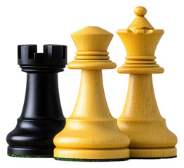 Wall Mural - PNG Three chess pieces, including a black rook and two yellow pawns, standing upright with polished surfaces.