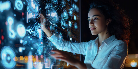 Poster - woman interacts with futuristic digital interface, displaying holographic visuals