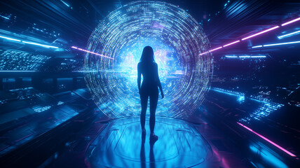 Aufkleber - silhouette of woman stands before glowing portal in futuristic setting