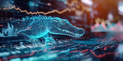 Poster - digital hologram of crocodile analyzing stock graphs with futuristic technology