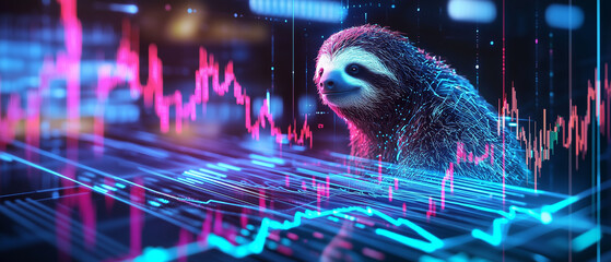 Poster - digital hologram of sloth surrounded by stock graphs and neon lights