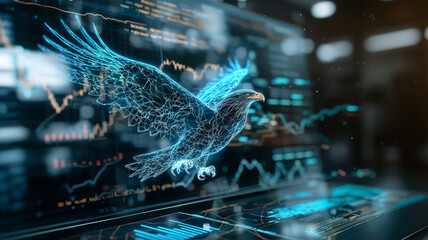 Poster - digital hologram of eagle soaring over stock graphs, symbolizing financial growth