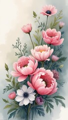 Wall Mural - A stunning arrangement of pink peonies and white anemones bursts with life against a soft, dreamy background. This enchanting floral composition evokes feelings of tranquility and beauty, perfect for