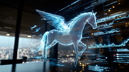 Poster - digital hologram of Pegasus with stock market data in modern office