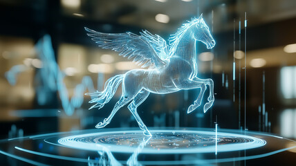 Poster - digital hologram of Pegasus presenting stock market data in futuristic setting