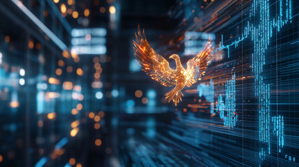 Poster - glowing phoenix rises from digital stock graphs, symbolizing rebirth and innovation