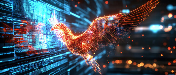 Poster - digital hologram of phoenix emerges from stock market interface, symbolizing rebirth and innovation