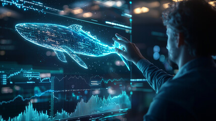 Poster - person interacts with digital hologram of whale, surrounded by data graphs