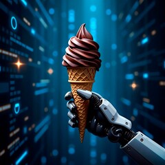 Wall Mural - robotic hand holding chocolate ice cream on abstract futuristic background - generative ai