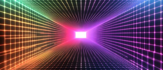 Poster - Vibrant Neon Grid Tunnel in Futuristic Style with Colorful Lights and Geometric Patterns Creating an Immersive Digital Experience for Creative Projects