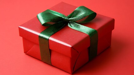 Wall Mural - 20. A gift box wrapped in red with a contrasting green ribbon placed on a bold red background