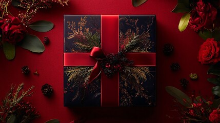 Wall Mural - 17. A luxurious gift box adorned with a velvet ribbon and decorative sprigs on a deep red background