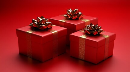 Wall Mural - 12. A trio of gift boxes wrapped in red paper with metallic ribbons on a soft red gradient background