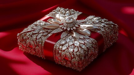 Wall Mural - 10. A large square gift box tied with a satin ribbon and positioned centrally on a red background