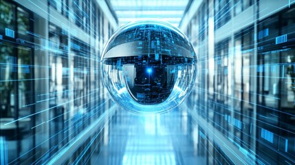 Poster - A futuristic digital orb in a high-tech corridor, symbolizing innovation.