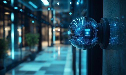 Poster - A futuristic surveillance camera in a modern, illuminated corridor.