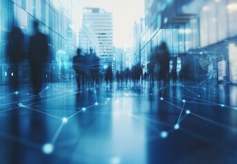 global business network concept with a blue and white color scheme The background features silhouettes of people, graphs, charts, a globe, digital connections, and office buildings Generative AI