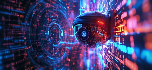 Poster - A surveillance camera amidst a digital backdrop of data streams.