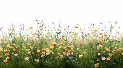 Wall Mural - Wild flowers field, grass and meadow in nature, tropical forest isolated on transparent background - png file, 3d rendering for create and design. Meadow. Illustration