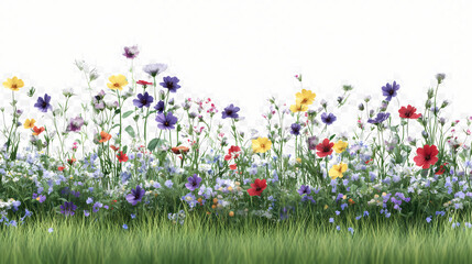 Wall Mural - Wild flowers field, grass and meadow in nature, tropical forest isolated on transparent background - png file, 3d rendering for create and design. Meadow. Illustration