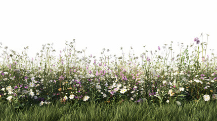 Wall Mural - Wild grass field, flowers and meadow in nature, tropical forest isolated on transparent background - png file, 3d rendering for create and design. Meadow. Illustration