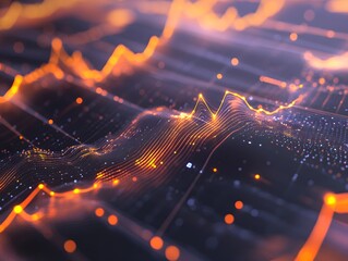 Poster - Abstract technology background with bright glowing lines and dots representing data flow, digital analytics, and futuristic artificial intelligence concepts in vivid orange and purple