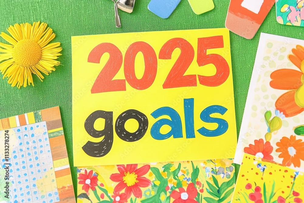 A colorful display showcases the year 2025 goals highlighted on a yellow background surrounded by floral patterns and crafting supplies, emphasizing creativity and future planning.
