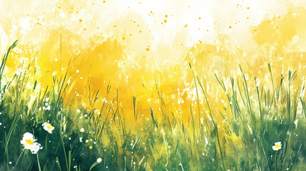 Wall Mural - Pastel fantasy background with image of summer field, ink splashed watercolor abstract yellow green meadow. Meadow. Illustration