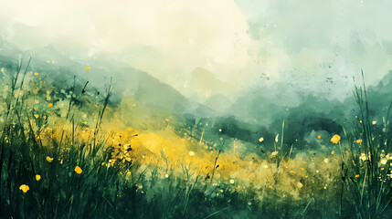 Wall Mural - Pastel fantasy background with image of summer field, ink splashed watercolor abstract yellow green meadow. Meadow. Illustration