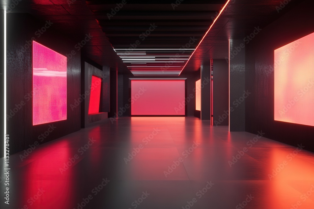 A contemporary art gallery showcases bold red illuminated walls and a spacious, minimalist layout. The striking atmosphere creates a unique experience for visitors exploring the exhibits.