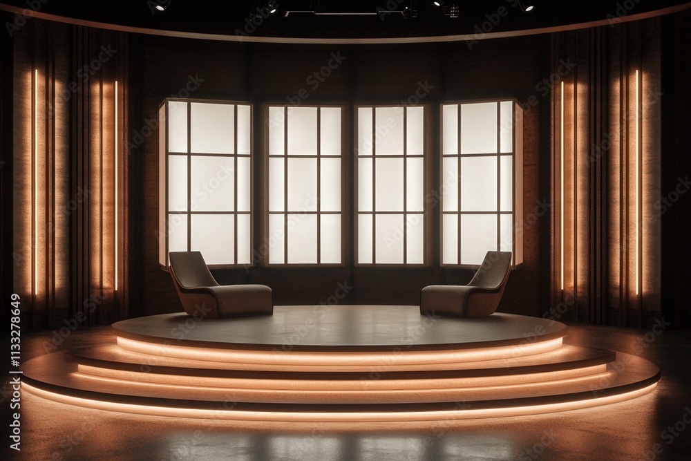 A contemporary interview set features two elegant chairs on a raised platform, surrounded by soft ambient lighting and large windows, creating a warm and inviting atmosphere.