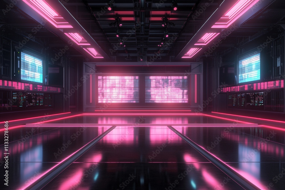 A sleek, high-tech space features neon pink lights illuminating the glossy floor. Large screens display digital content in a modern setting, ideal for technology showcases or presentations.
