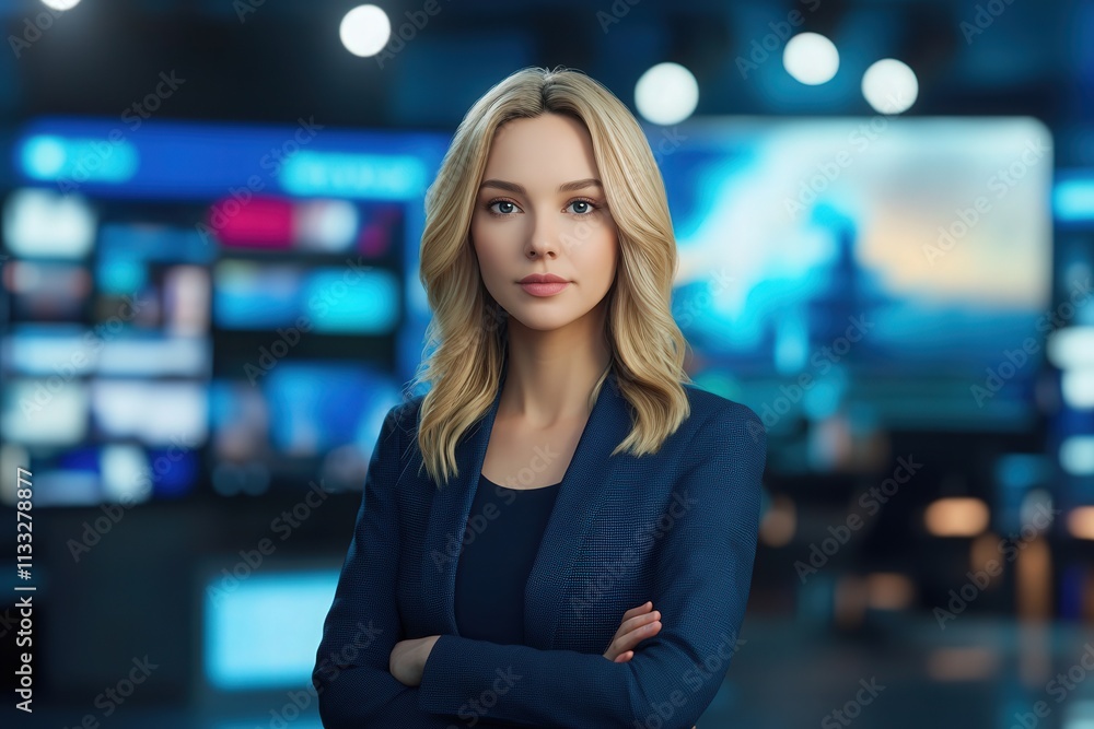 A professional news anchor stands confidently in a contemporary television studio, ready to deliver the latest updates. The background features multiple screens displaying news content.
