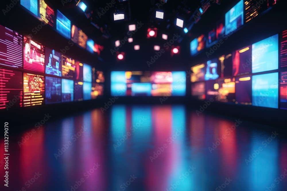 A contemporary digital studio filled with dynamic screens displaying colorful data visuals and graphics. The vibrant lighting creates an engaging atmosphere for creative production.