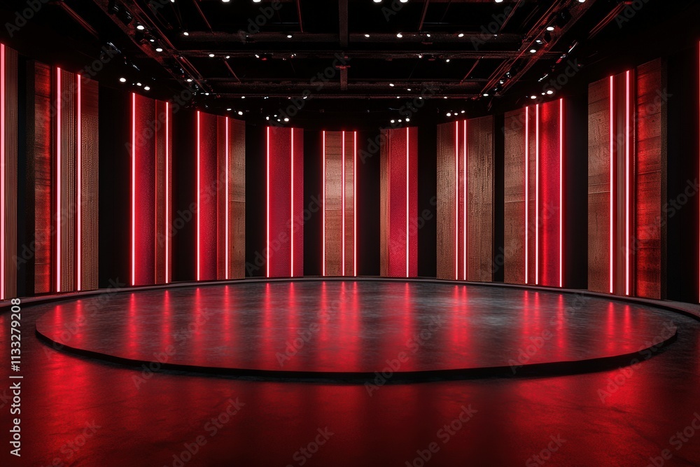 The studio features a circular stage surrounded by tall panels with striking red lights illuminating the area. The modern design creates a dramatic atmosphere, perfect for performances.