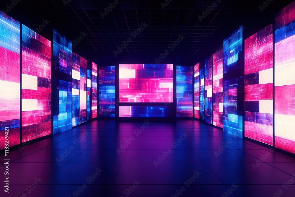 Colorful screens illuminate a modern digital space, creating a captivating atmosphere. The interplay of blue and pink hues enhances the sleek design, inviting exploration and interaction.
