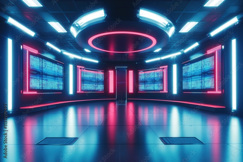Bright neon lights illuminate a modern, high-tech environment showcasing multiple data screens. This digital hub reflects a futuristic design with a sleek, polished floor and a captivating atmosphere.