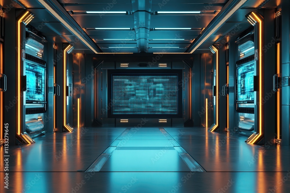 A sleek, futuristic hallway features illuminated screens and vibrant blue lighting. The metallic walls create a high-tech atmosphere, suggesting advanced technology in a sci-fi environment.