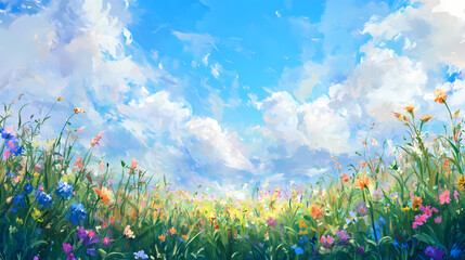 Wall Mural - Spring green meadow with wild flowers, glass field with flowers in blue sky with cloud background for template and banner. Meadow. Illustration