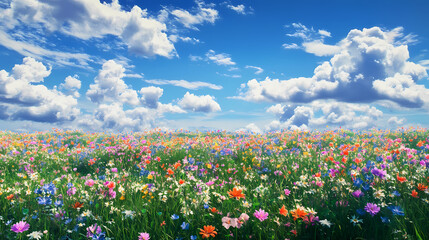 Wall Mural - Spring green meadow with wild flowers, glass field with flowers in blue sky with cloud background for template and banner. Meadow. Illustration