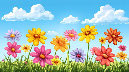 Wall Mural - Spring meadow with colorful flowers against sunny blue sky. nature background. Meadow. Illustration